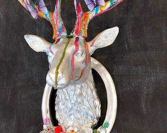 Stag Head wall mount deer faux taxidermy resin sculpture ~ Sika flower butterfly embellishments ~ Christmas gift ~ wedding ~ birthday