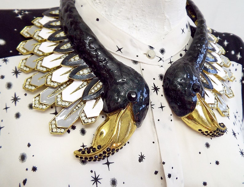 Parrot Flamingo Swan Bird statement necklace collar bib hand enamel with crystal rhinestones peacock, stalk, magpie, love bird, custom image 9