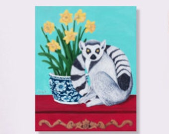 Original painting lemur chinoiserie and daffodil for cottage wall decoration