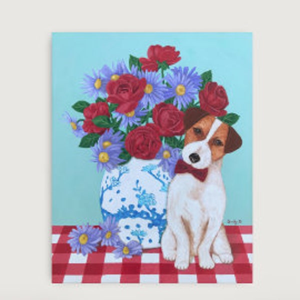 Peinture originale Jack Russell avec plantes pour décoration murale art naïf