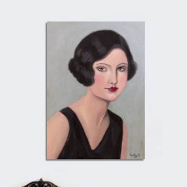 Peinture femme vintage charleston portrait pour décoration murale art année 20