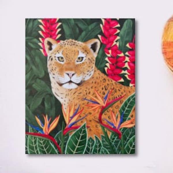 Peinture originale léopard dans la jungle pour décoration murale art naïf