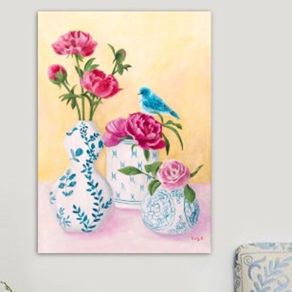 Tableau originale chinoiserie avec oiseau, pivoine et bleu blanc vase pour décoration murale asiatique