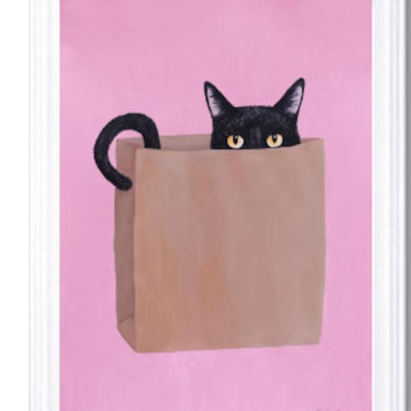 Affiche imprimée chat noir dans un sac papier pour décoration murale