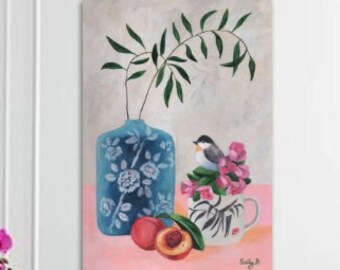 Bird chinoiserie vase art print with peaches and flowers chinese mugs for Asian wall decoration or Christmas gift