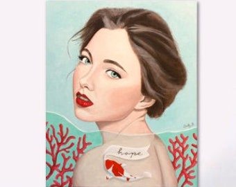 Woman portrait print with koi fish and hope for eclectic surrealist boho chic home decor