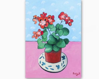 Chinoiserie vase art print with geranium flowers bouquet fauvism style and blue pink background for wall decoration naive art style