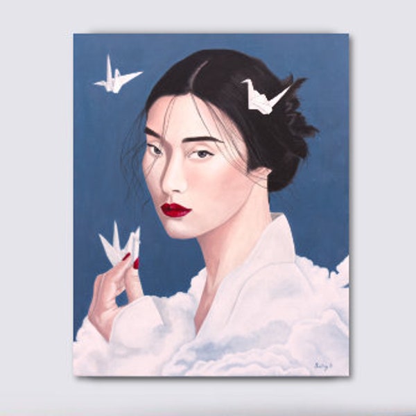 Affiche imprimée portrait femme chinoise avec cygne origami pour décoration murale chinoiserie