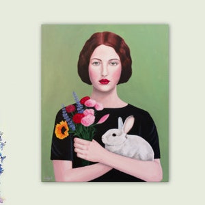 Art print vintage woman portrait with rabbit and flowers for home decoration or Easter gift for bunny lover
