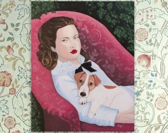 Art print woman and Jack Russell sitting on red armchair with leaves background for whimsical wall decoration