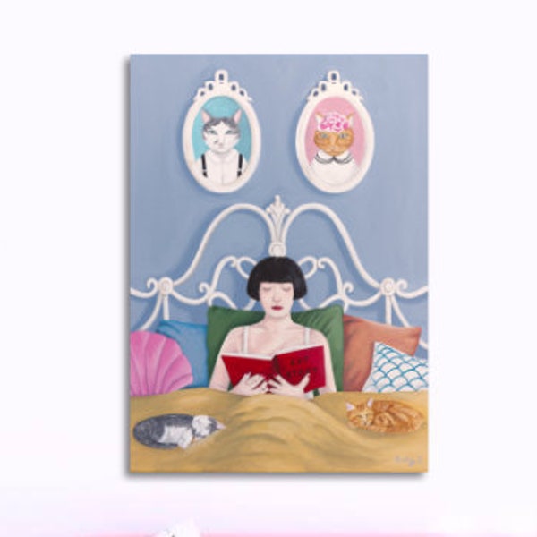 Affiche imprimé chats dorment avec femme sur lit vintage pour décoration murale art naïf