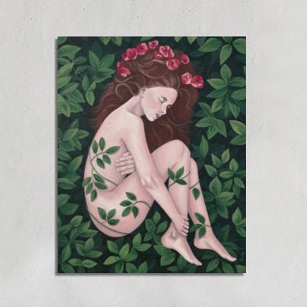 Tableau originale femme nue surréalisme avec feuilles dans la nature pour décoration murale