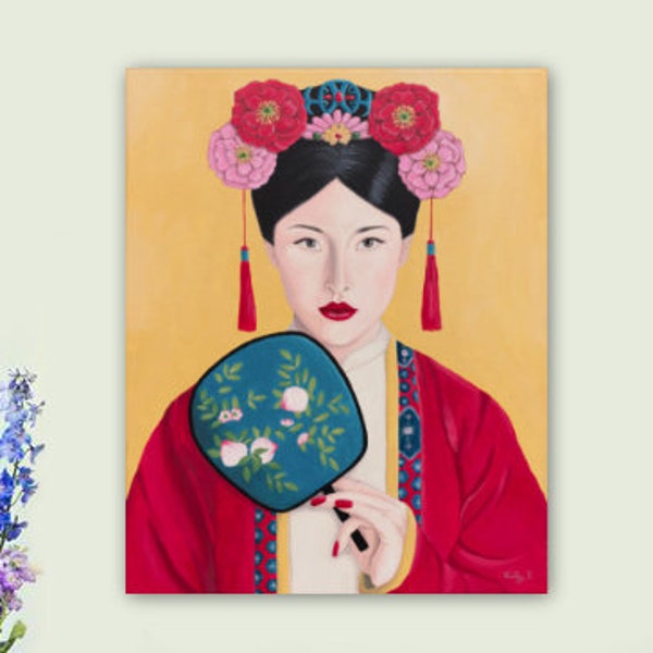 Chinoiserie art print vintage chinese woman holding a fan for asian home decor