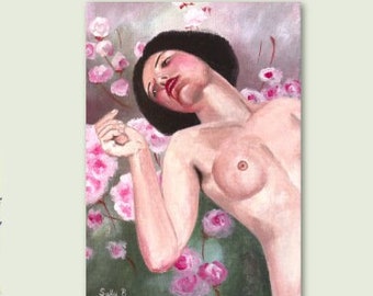 Woman naked print with pink flowers for eclectic impressionist boho chic home decor