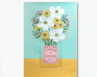 Art print flowers maison du bonheur French art naive colorful wall decoration or gift