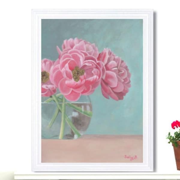 Tableau bouquet fleurs pivoine dans un vase en verre chinoiserie style nature morte pour décoration murale