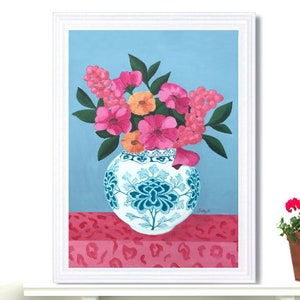 Affiche imprimé chinoiserie vase avec fleurs colorée pour décoration murale art naïf