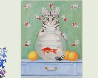 Art print cat with goldfish and oranges for naive art wall decoration or cat lover gift