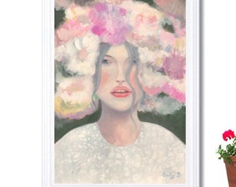 Woman portrait original painting with flowers and pastel background for impressionism for vintage style wall decoration