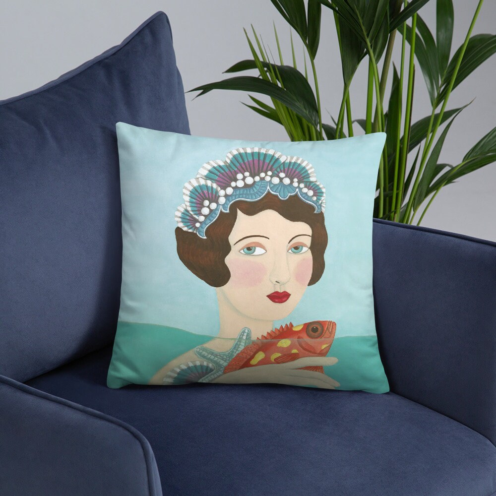 Coussin Portrait Femme Sirène avec Poisson et Coquillage Pour Murale Décoration Style Nautique