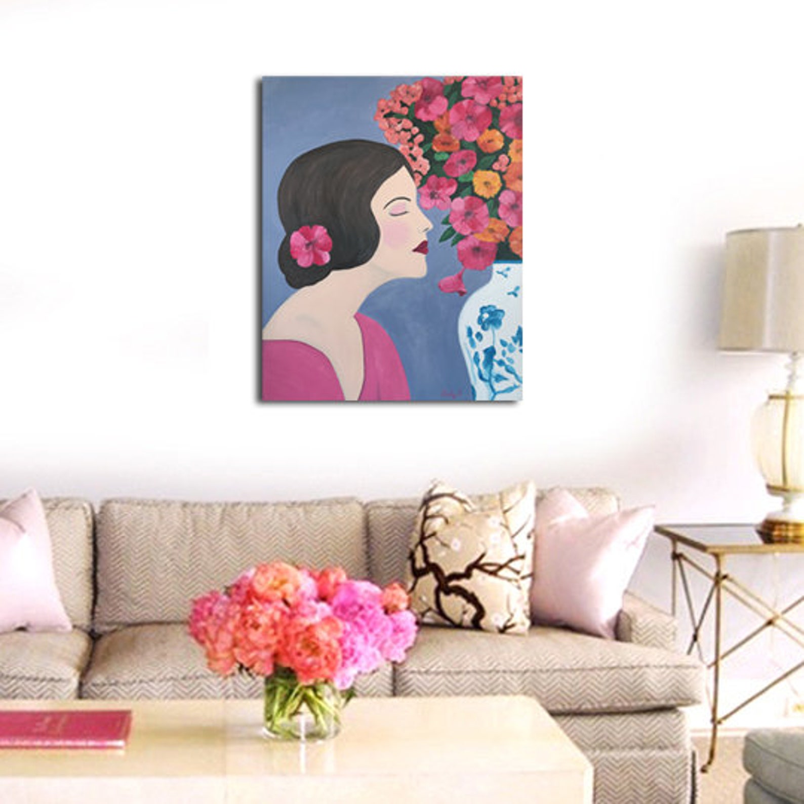 Woman Portrait Art Print With Bouquet of Flowers for Wall - Etsy