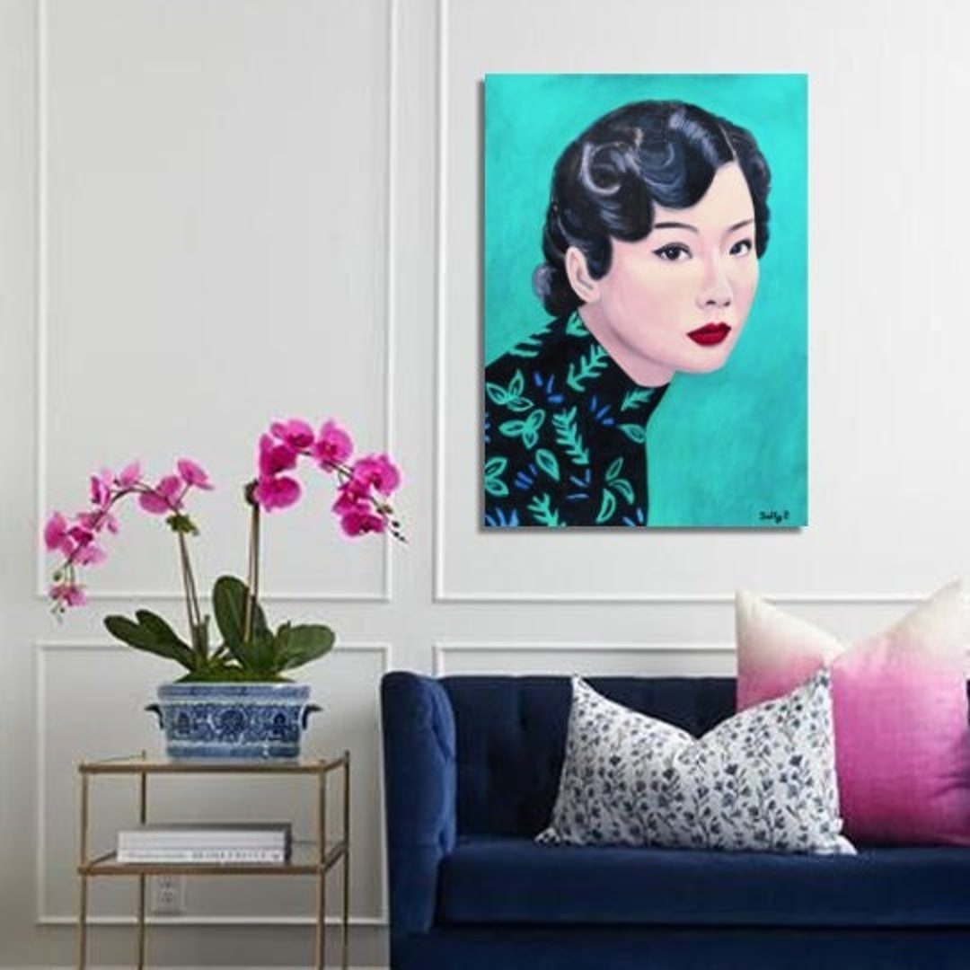 Chinese Woman Portrait Art Print With Green Background Illustration for ...