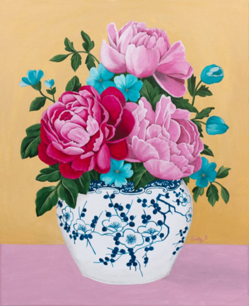 Chinoiserie Vase Art Print With Peony Flowers Bouquet and Etsy
