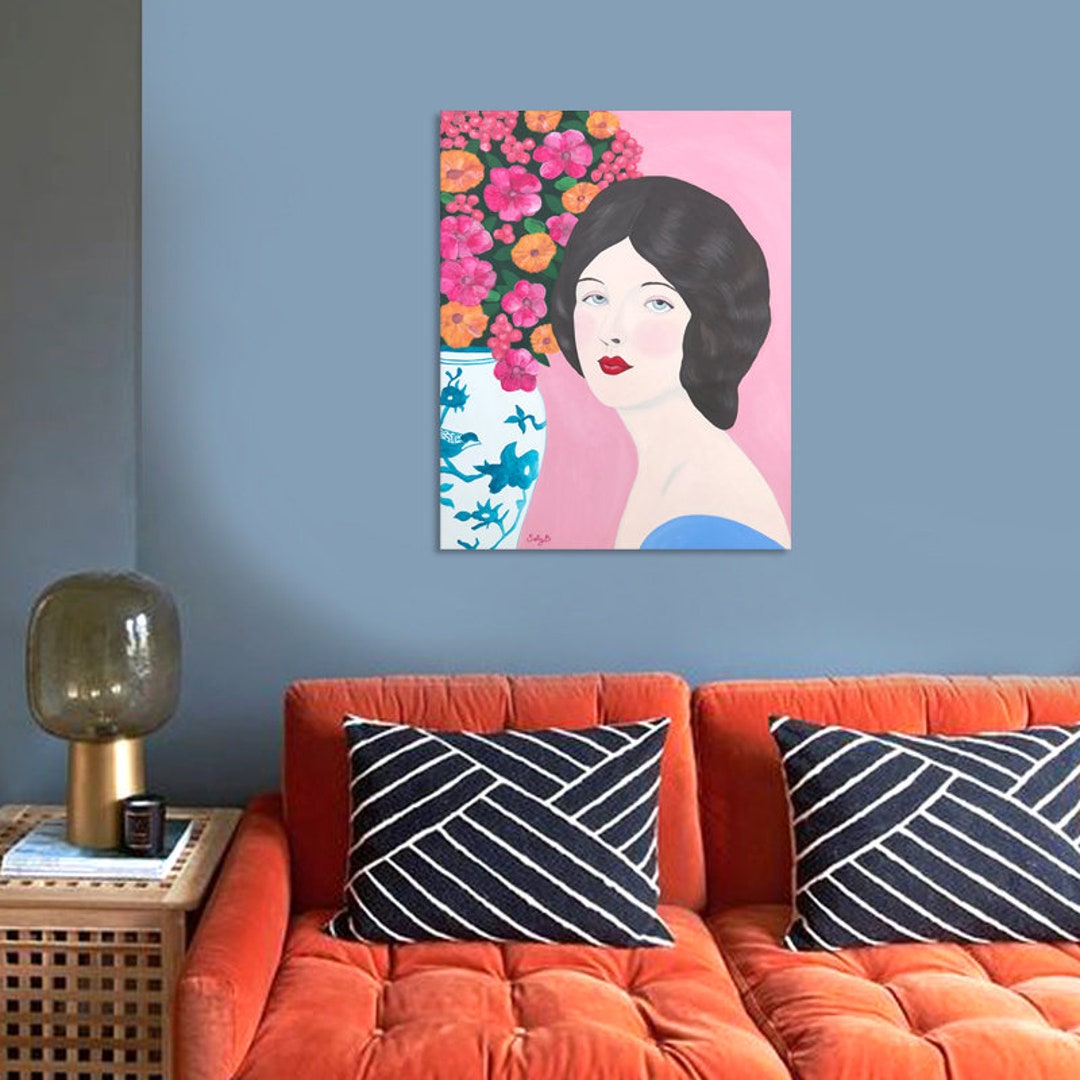 Woman Portrait Art Print With Flowers and Chinoiserie Vase for - Etsy