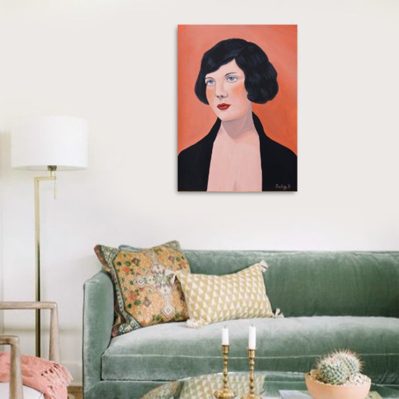 Flapper girl portrait art print illustration with orange | Etsy