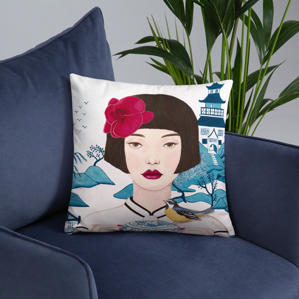 Coussin Chinoiserie Chinoise Femme avec Oiseau et Fond Bleu Blanc Pour Décoration Maison Salle de Sé