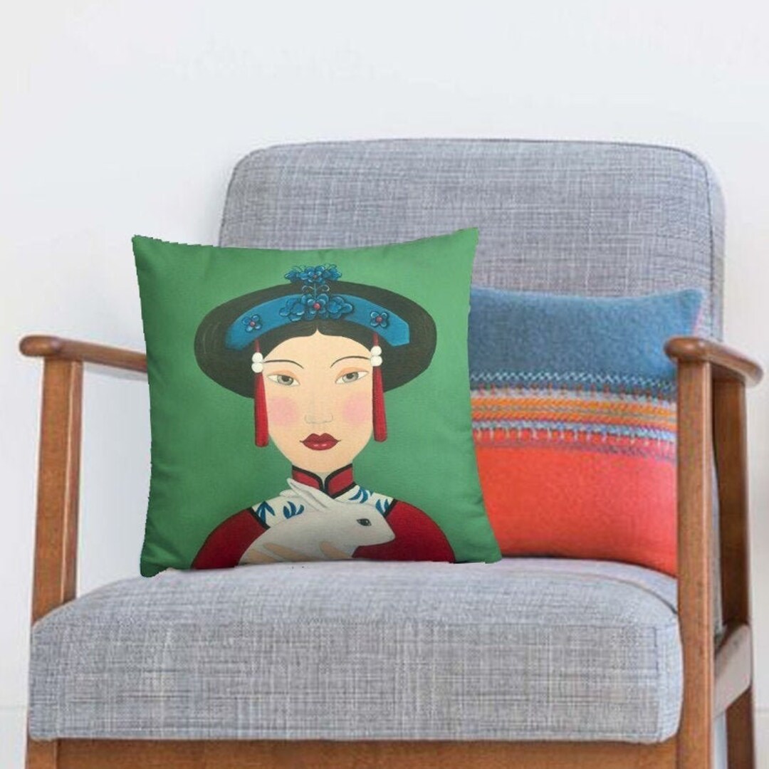 Chinoiserie Cushion Pillow Chinese Woman With Rabbit and Green Etsy