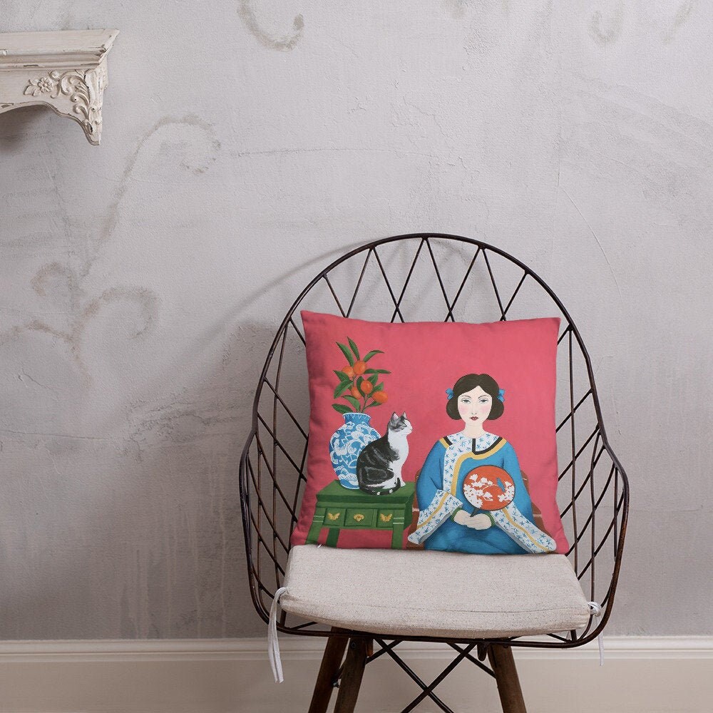 Coussin Chinoiserie Chinoise Femme avec Chat et Vase Bleu Blanc Pour Décoration Maison Salle de Séjo