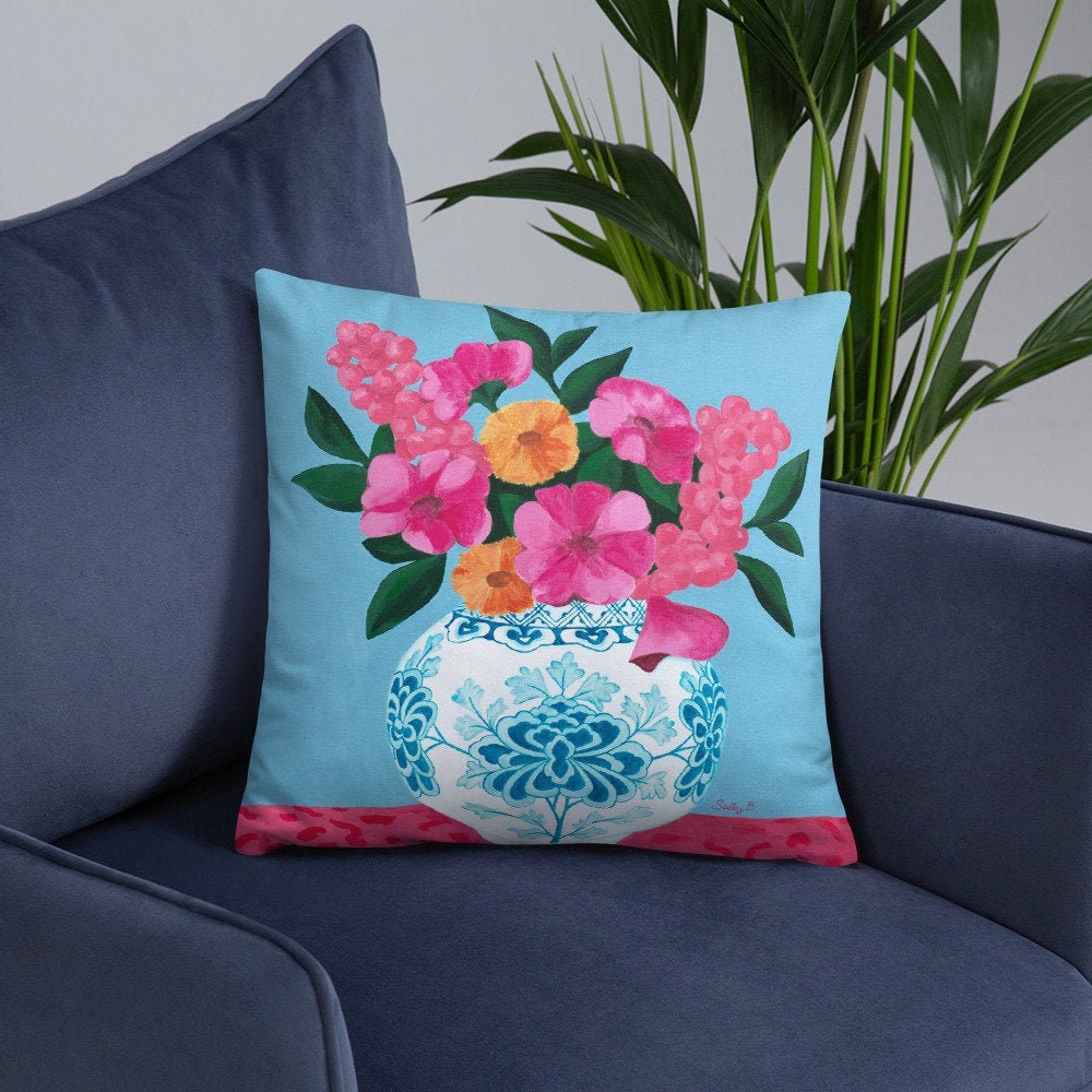 Coussin Chinoiserie Vase Chinoise avec Fleur et Fond Bleu Fuchsia Pour Décoration Maison Asiatique