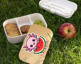 Fiambrera bento con diseño de ajolote kawaii y sandía / Tapa con aspecto de madera, bandeja de silicona