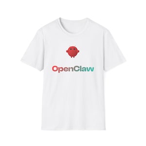 May include: White t-shirt featuring a red cartoon character above the text "OpenClaw" in a gradient of red to green. The t-shirt has short sleeves and a crew neck.