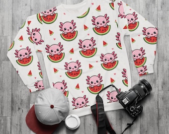 Kawaii Axolotl Watermelon Sweatshirt | All-Over Print Cute Summer Pattern