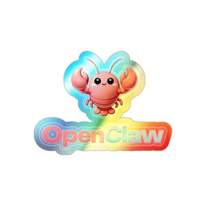 May include: A sticker featuring a cartoon lobster with a smiling face and raised claws. The lobster is pink with orange claws, set against a rainbow-colored cloud shape. The text "OpenClaw" is below the lobster.