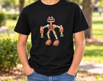 Può includere: Una t-shirt nera a maniche corte con la grafica di un robot arancione con grandi occhi, una bocca larga e strumenti musicali al posto delle mani. Il robot ha un elemento circolare sul petto, arti articolati e piedi di forma rettangolare.