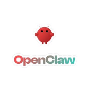 May include: A sticker with a red cartoon character and the text "OpenClaw". The text is in a gradient of colours, starting with red and fading to teal. The cartoon character has black eyes.