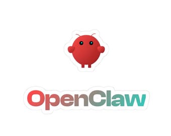 May include: A sticker featuring a red cartoon character with black eyes and small arms. Below the character is the text "OpenClaw" in a gradient of colors, from red to teal.