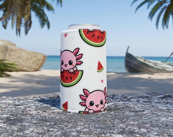Kawaii rosa Axolotl auf Wassermelone Stubby Cooler | Süßer Sommer Drink Isolator