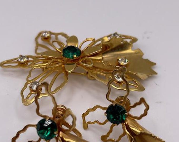 Mid Century Gold Tone Floral Brooch and Earring Set