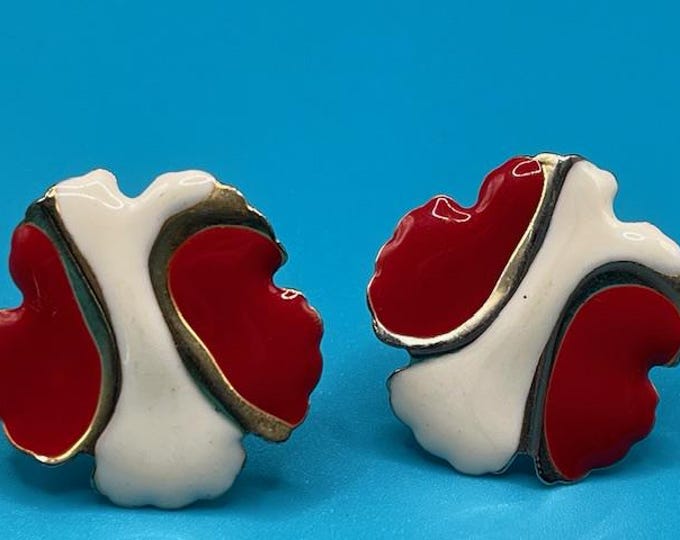 Vintage Red and Cream Enameled Clip On Earrings