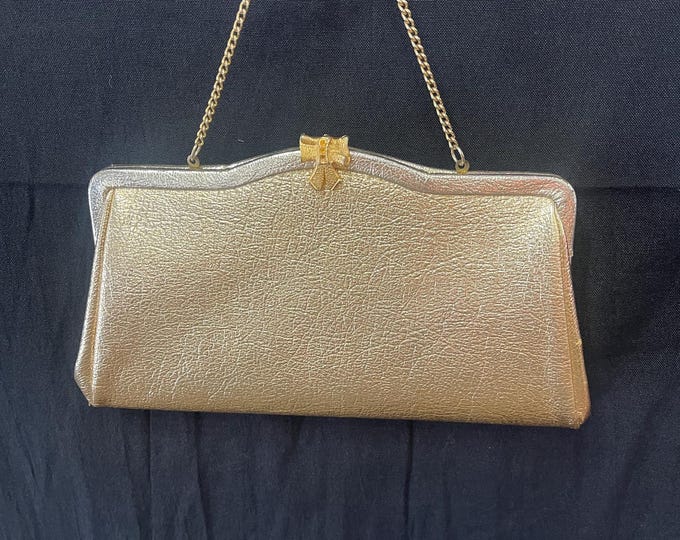 Vintage Mid Century Gold Clutch with Goldtone Bow Clasp