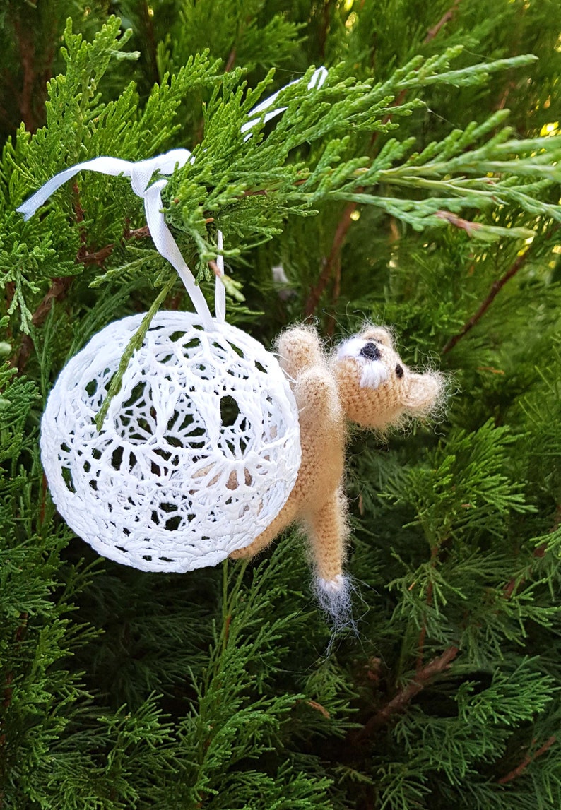 Christmas Ornament, Amigurumi Cat on Lace Ball, Crochet Plushy Kitten