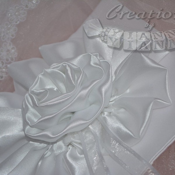 Wedding Ring Pillow-Ring Bearer Pillow-White satin pillow-Bride to Be-Wedding Accessories-Rosette RingPillow