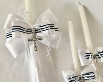 Orthodox Baptism candles-Navy blue and white stripes Baptism lambades for boys-Christening-GIANNI