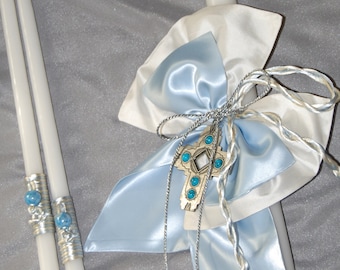 Baptism lambathes for boys-candles-Orthodox Baptism-Light blue white lambatha -cross lambatha