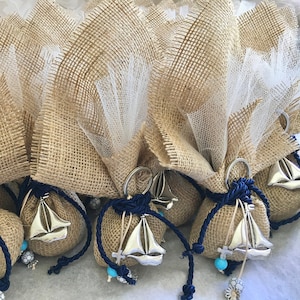 Baptism Favors for boys-Silver sailboat burlap favors-Orthodox Baptism-Party Favors-Nautical favors-Recuerdos de mi Bautizo