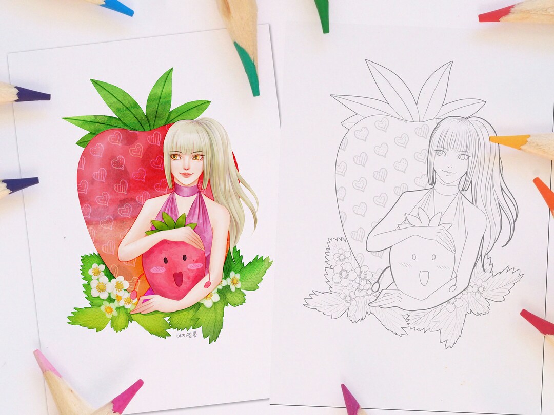 Strawberry Girl Coloring Sheets,printable PDF Jpg,coloring for Adult